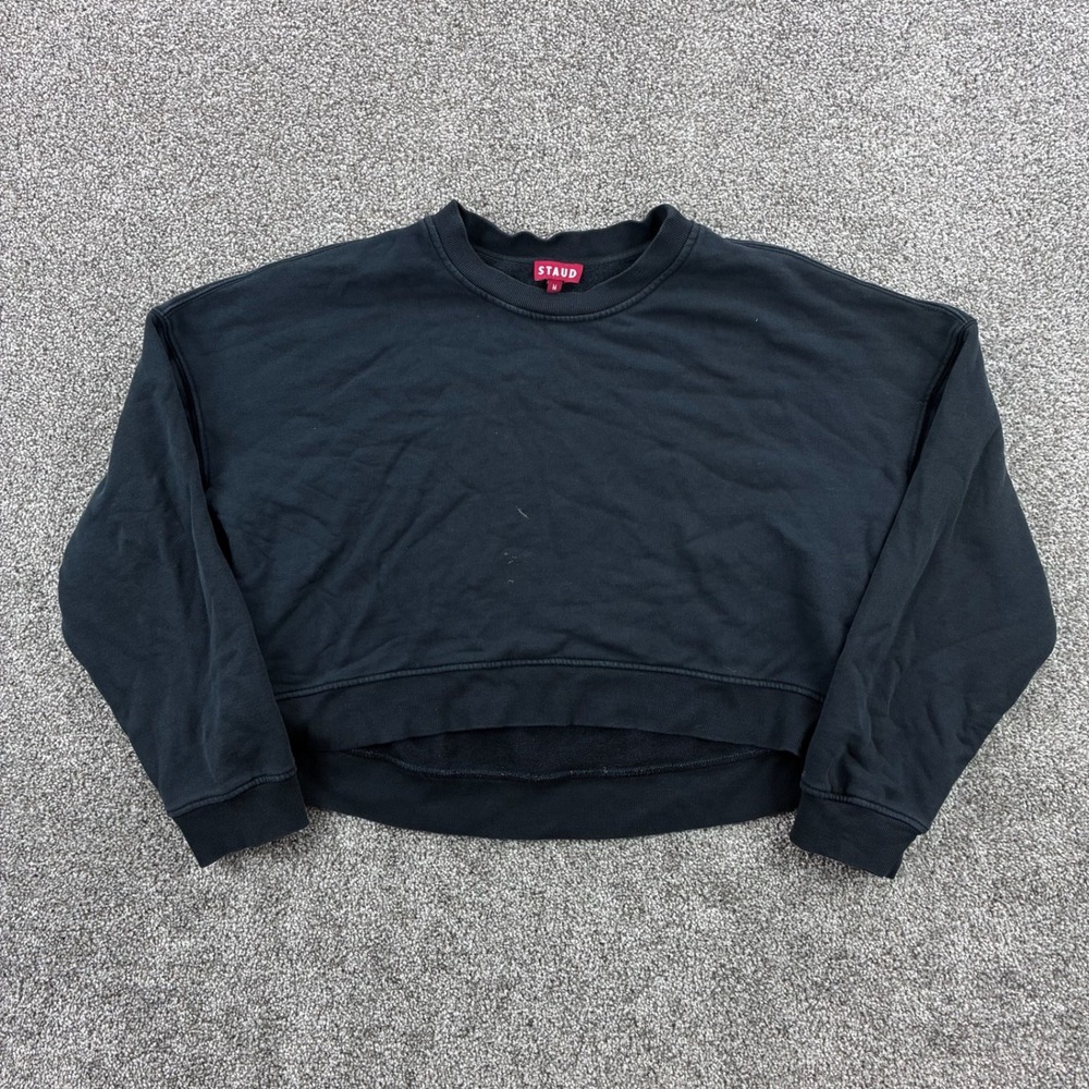 STAUD Cropped Sweatshirt Women's Medium Black Embroidered Logo Crewneck Terry